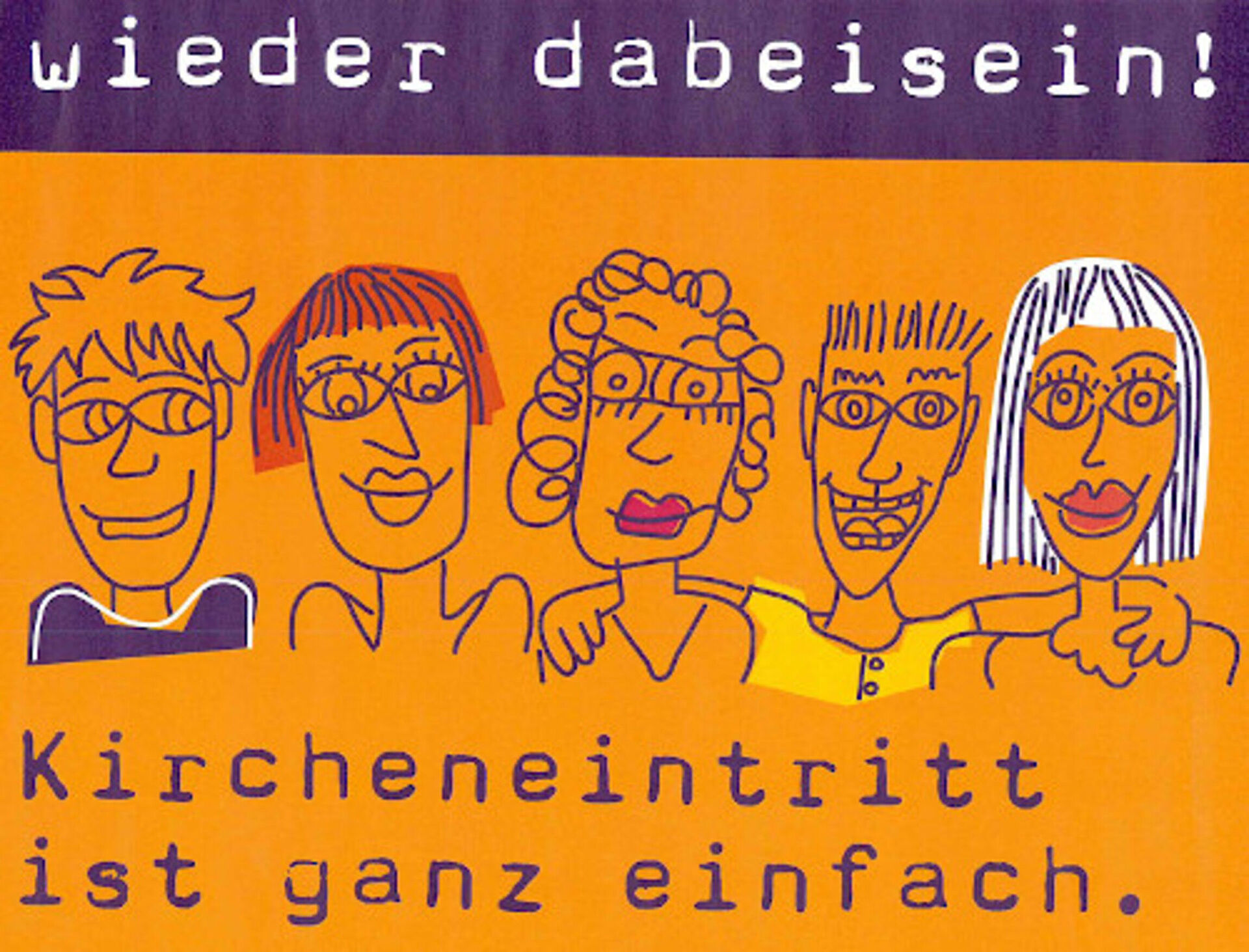 Zeichnung von 5 Personen mit dem Schriftzug kircheneintritt ist ganz einfach.